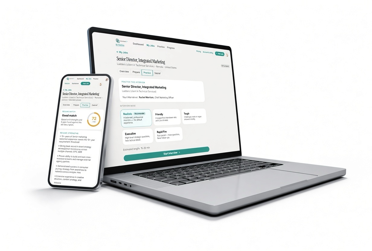 The InterviewIQ AI practice screen shown on a laptop and phone, with resume match score and interview mode options